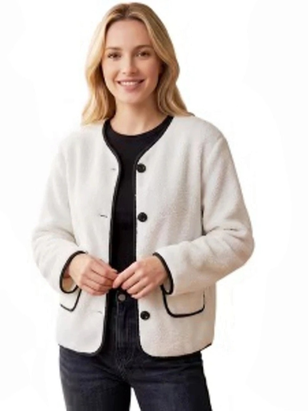 Universal Thread Target Cream Sherpa Teddy Jacket Contrast Piping Fleece small